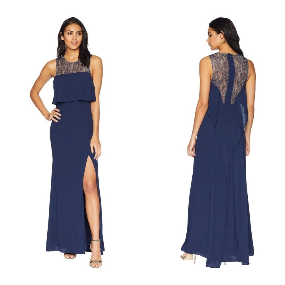 BCBGMaxazria Navy Cascading Back Ruffle Gown Dress
